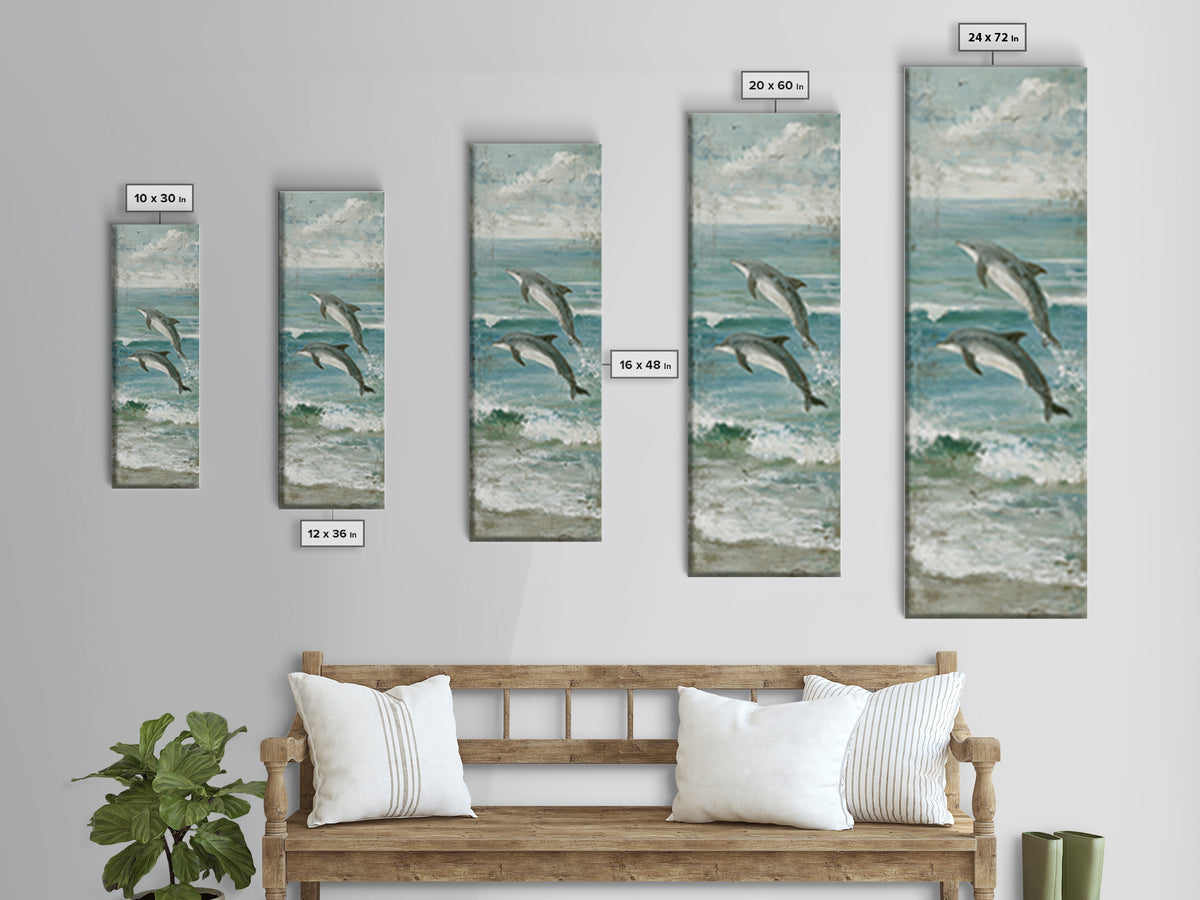 Dolphins Leaping Through Sunlit Waves Framed Canvas Print, Marine Life Art, Watercolor Art, Living Room Decor, Oil Painting, MLA-1x3-91