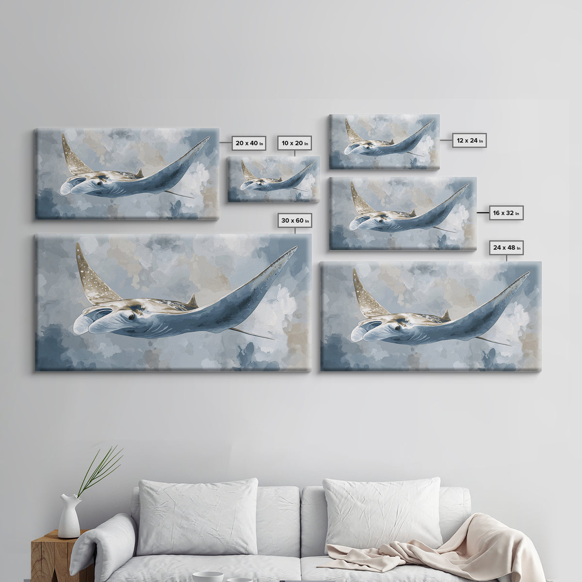 Manta Ray Flying Through Underwater Light Framed Canvas Print, Marine Life Art, Home Decor, Living Room Decor, Fine Art, Marine, MLA-2x1-10