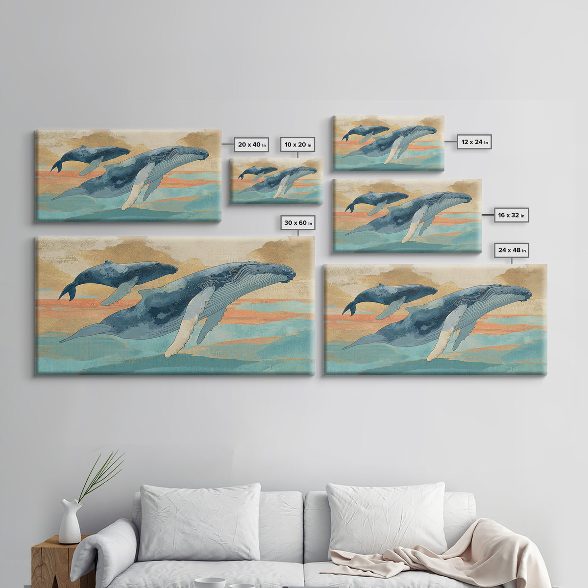 Humpback Whale and Calf Framed Canvas Print, Marine Life Art, Tropical Wall Art, Living Room Decor, Fine Art, Marine, MLA-2x1-14