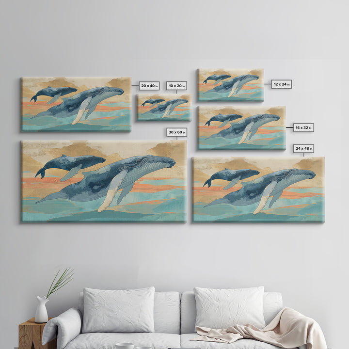 Humpback Whale and Calf Framed Canvas Print, Marine Life Art, Tropical Wall Art, Living Room Decor, Fine Art, Marine, MLA-2x1-14