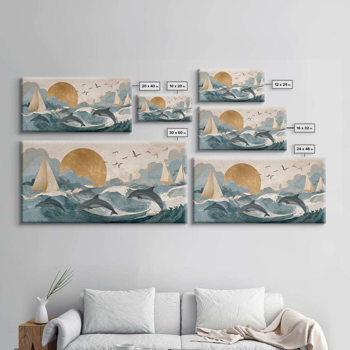 Dolphins Leaping Through Sunlit Waves Framed Canvas Print, Marine Life Art, Modern Art Print, Living Room Decor, Oil Painting, MLA-2x1-27