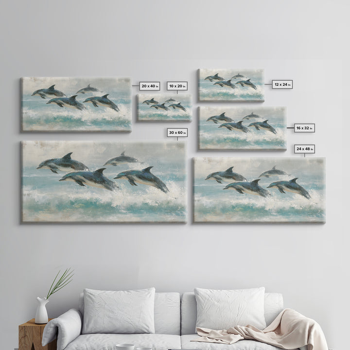 Dolphins Leaping Through Sunlit Waves Framed Canvas Print, Marine Life Art, Coastal Art, Living Room Decor, Fine Art, Marine, MLA-2x1-3