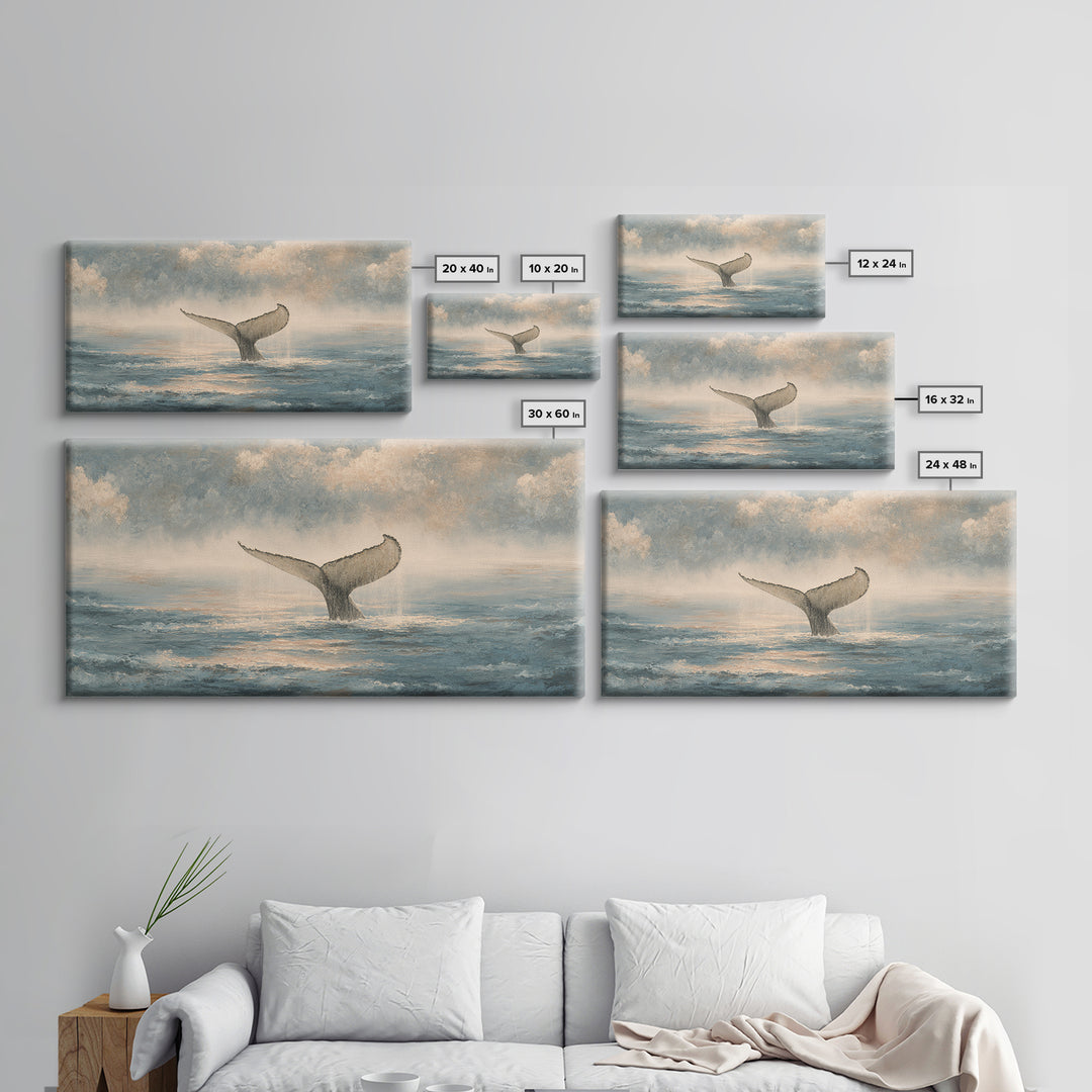Whale Tail Rising from Misty Ocean Framed Canvas Print, Marine Life Art, Neutral Decor, Living Room Decor, Fine Art, Marine, MLA-2x1-46
