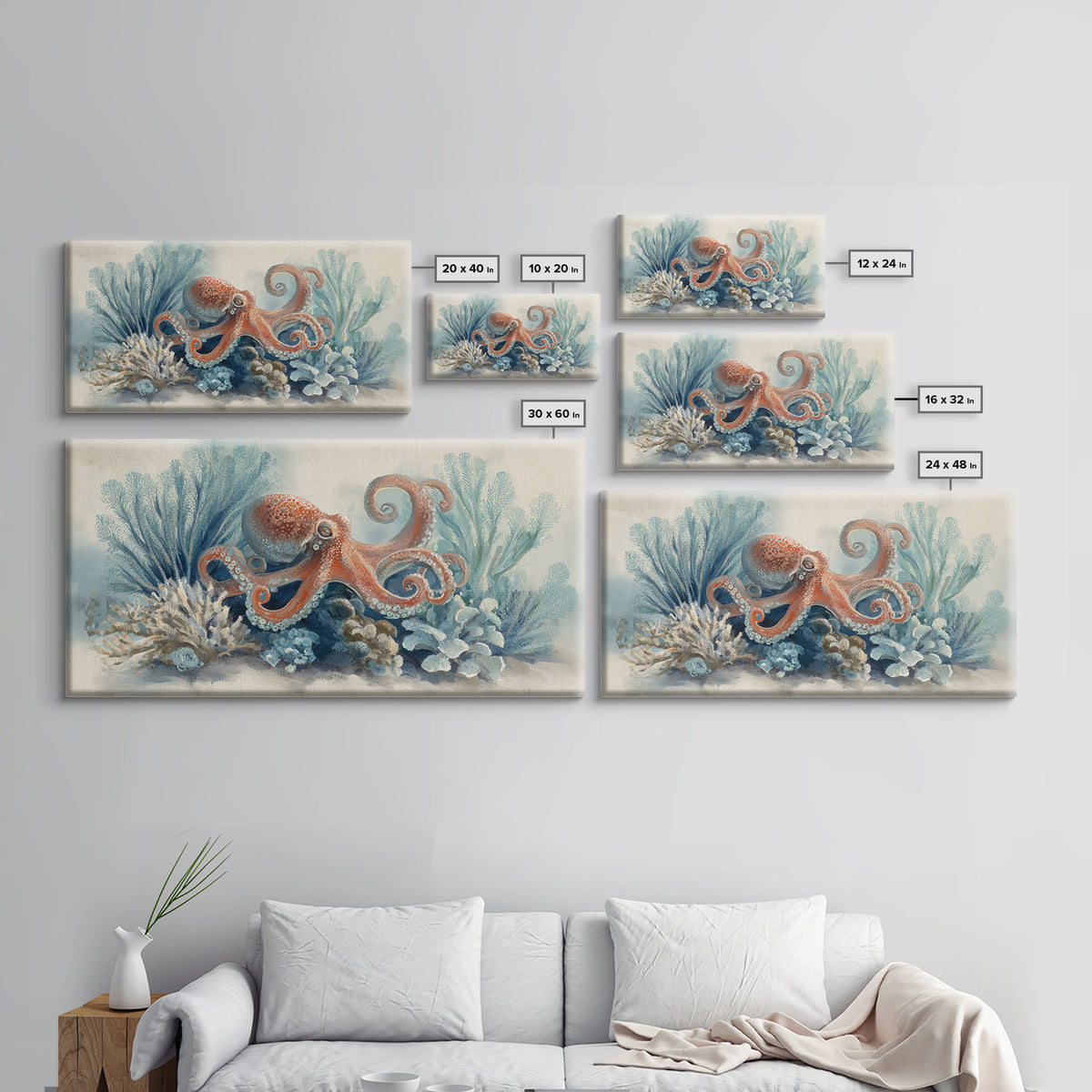 Octopus Curling Around Coral Canvas Print, Marine Life Art, Beach Decor, Living Room Decor, Oil Painting, Marine, Ocean Decor, MLA-2x1-47