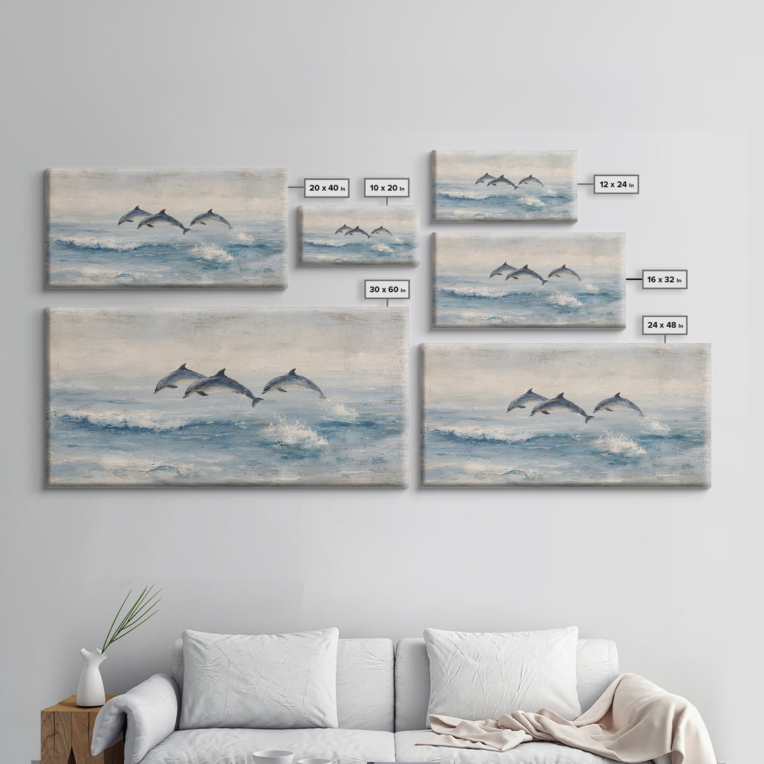 Dolphins Leaping Through Sunlit Waves Framed Canvas Print, Marine Life Art, Coastal Art, Living Room Decor, Watercolor Art, MLA-2x1-51