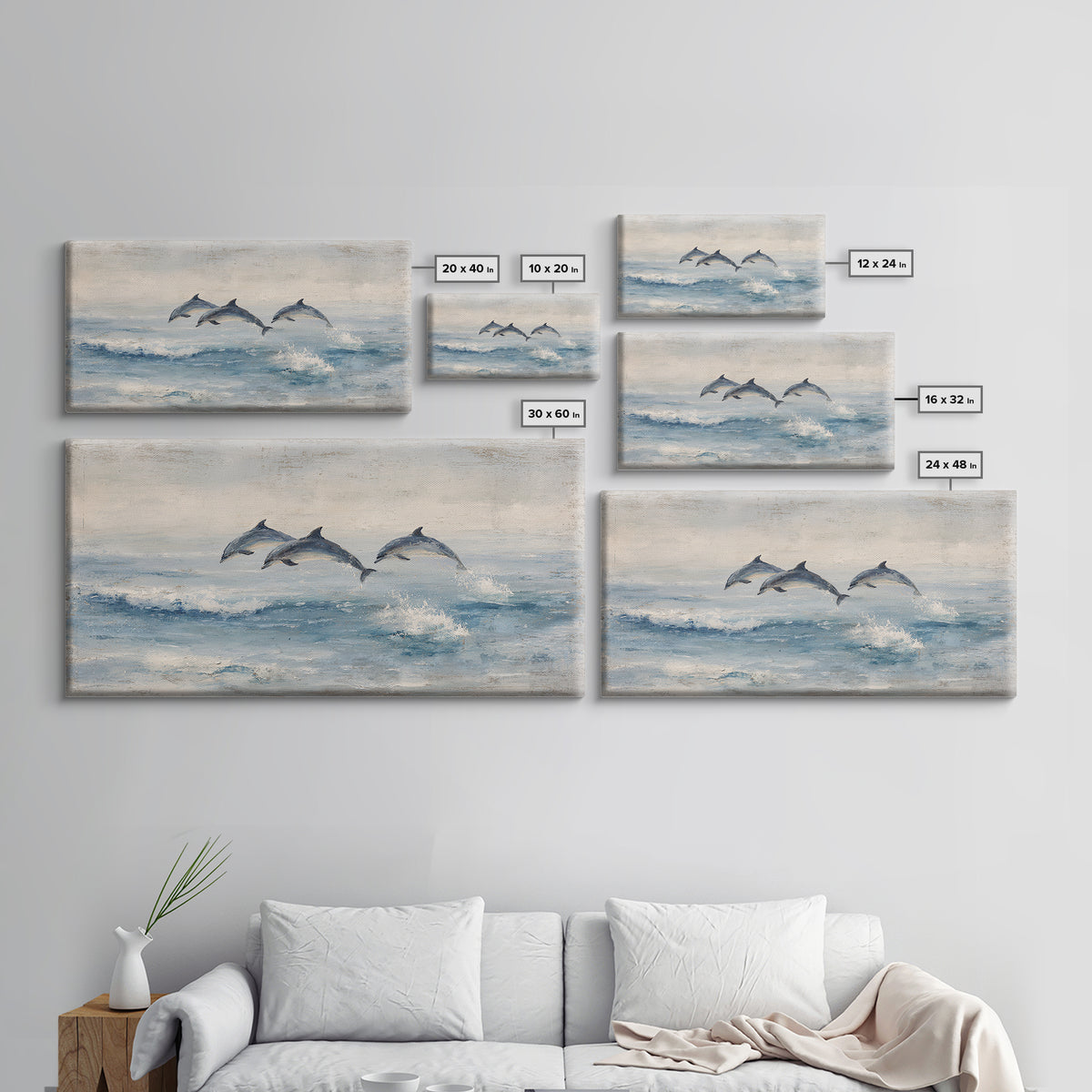 Dolphins Leaping Through Sunlit Waves Framed Canvas Print, Marine Life Art, Coastal Art, Living Room Decor, Watercolor Art, MLA-2x1-51
