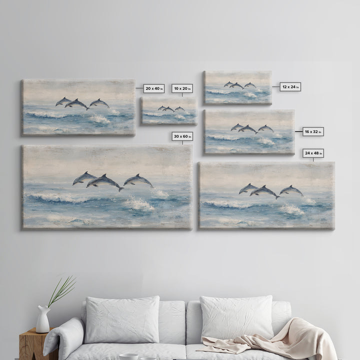 Dolphins Leaping Through Sunlit Waves Framed Canvas Print, Marine Life Art, Coastal Art, Living Room Decor, Watercolor Art, MLA-2x1-51