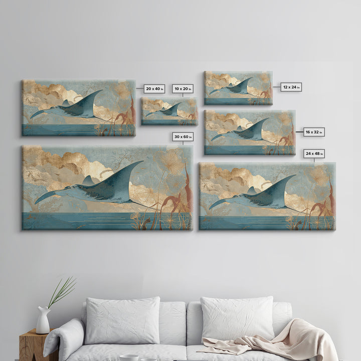 Manta Ray Flying Through Underwater Light Canvas Print, Marine Life Art, Statement Artwork, Living Room Decor, Fine Art, Marine, MLA-2x1-58