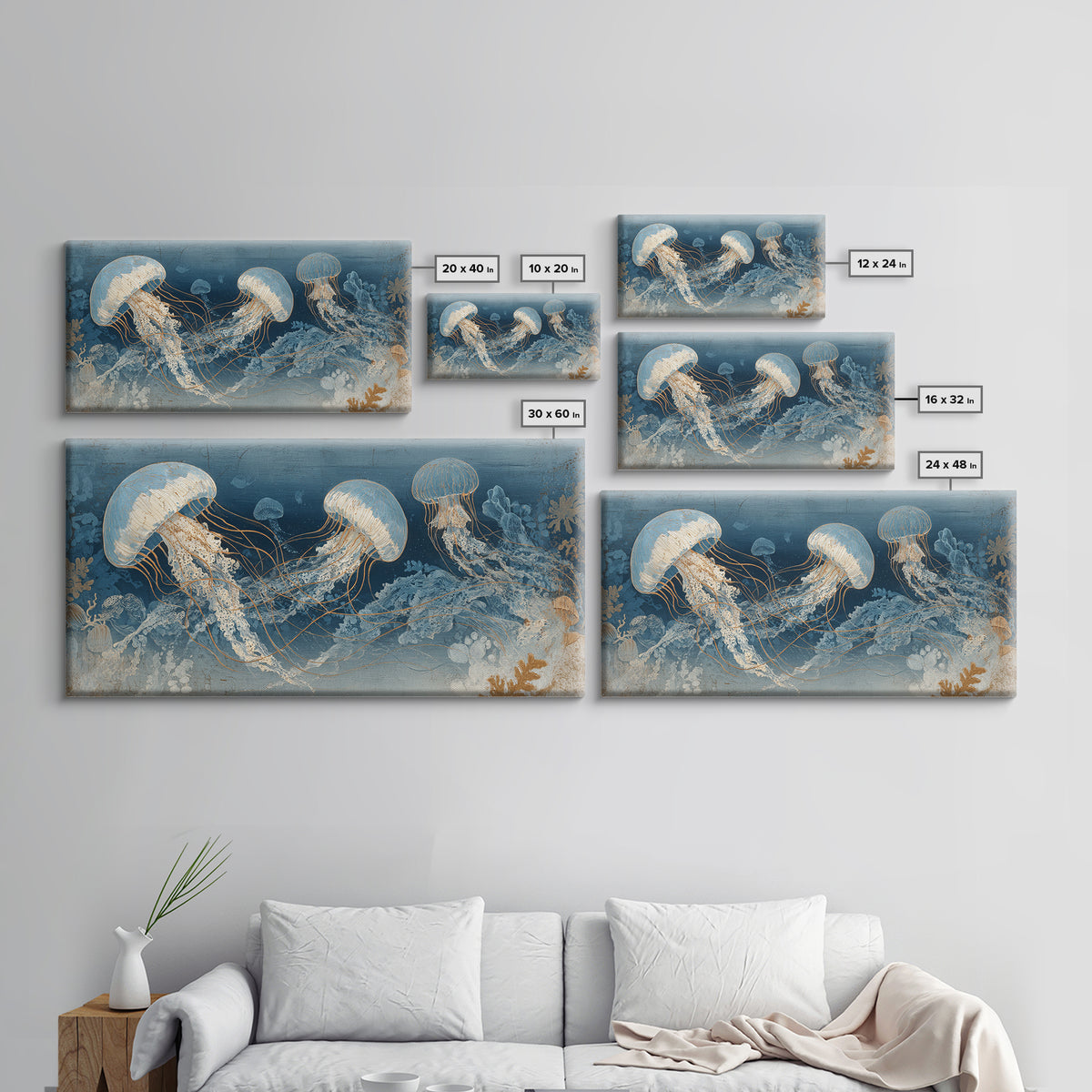 Jellyfish Floating in Luminous Dark Water Canvas Print, Marine Life Art, Art Print, Living Room Decor, Watercolor Art, Marine, MLA-2x1-74