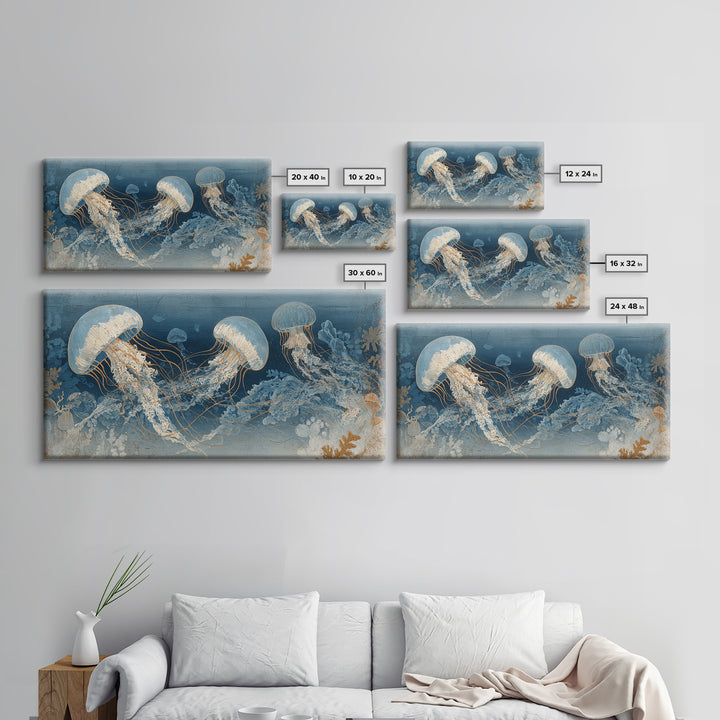 Jellyfish Floating in Luminous Dark Water Canvas Print, Marine Life Art, Art Print, Living Room Decor, Watercolor Art, Marine, MLA-2x1-74