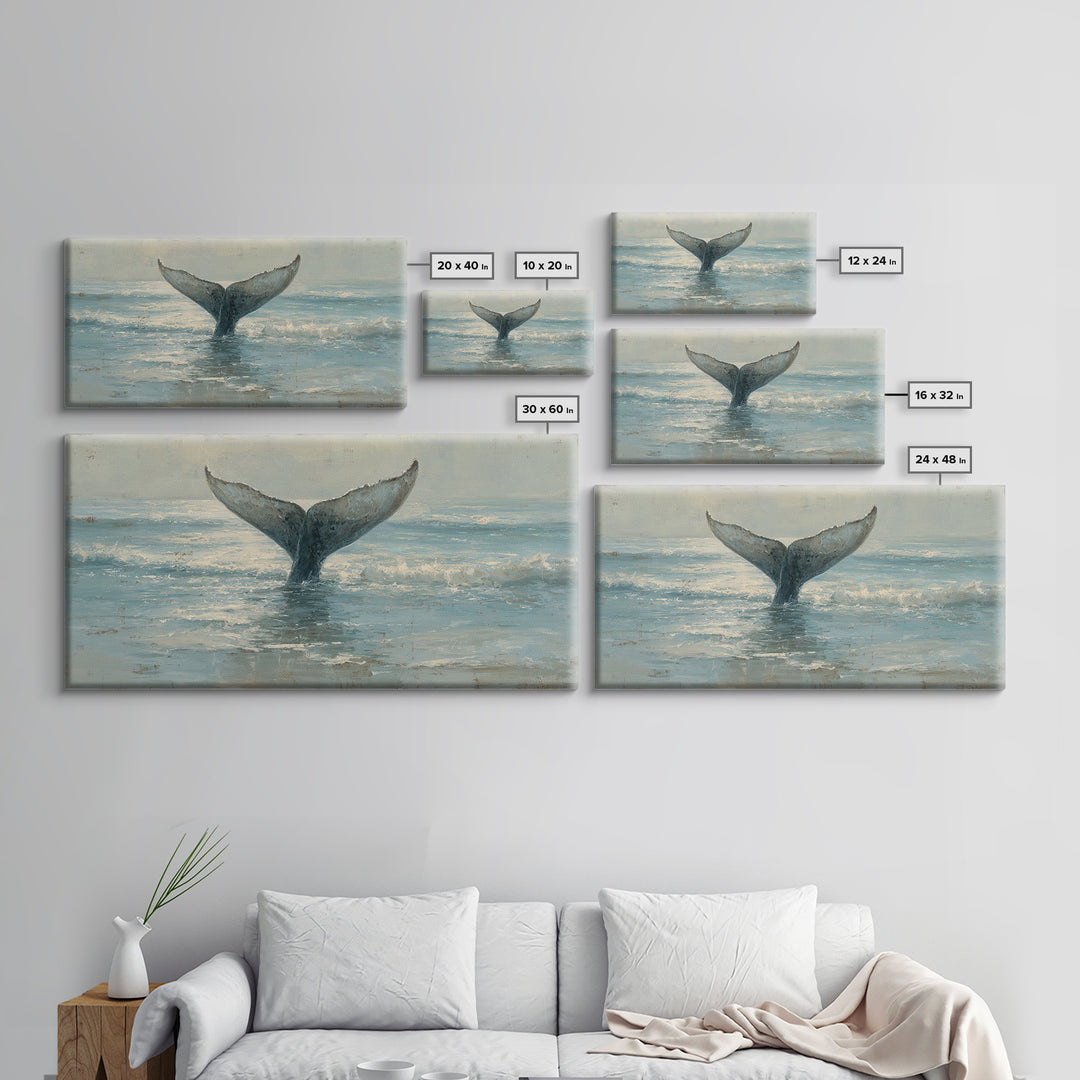 Whale Tail Rising from Misty Ocean Canvas Print, Marine Life Art, Luxury Decor, Living Room Decor, Oil Painting, Marine, MLA-2x1-94