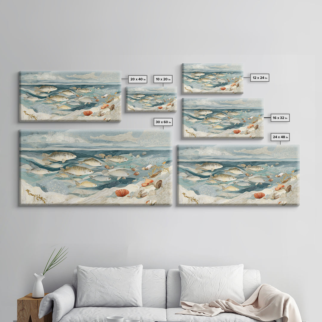 School of Fish Forming a Silver Spiral Framed Canvas Print, Marine Life Art, Ocean Decor, Living Room Decor, Oil Painting, MLA-2x1-96