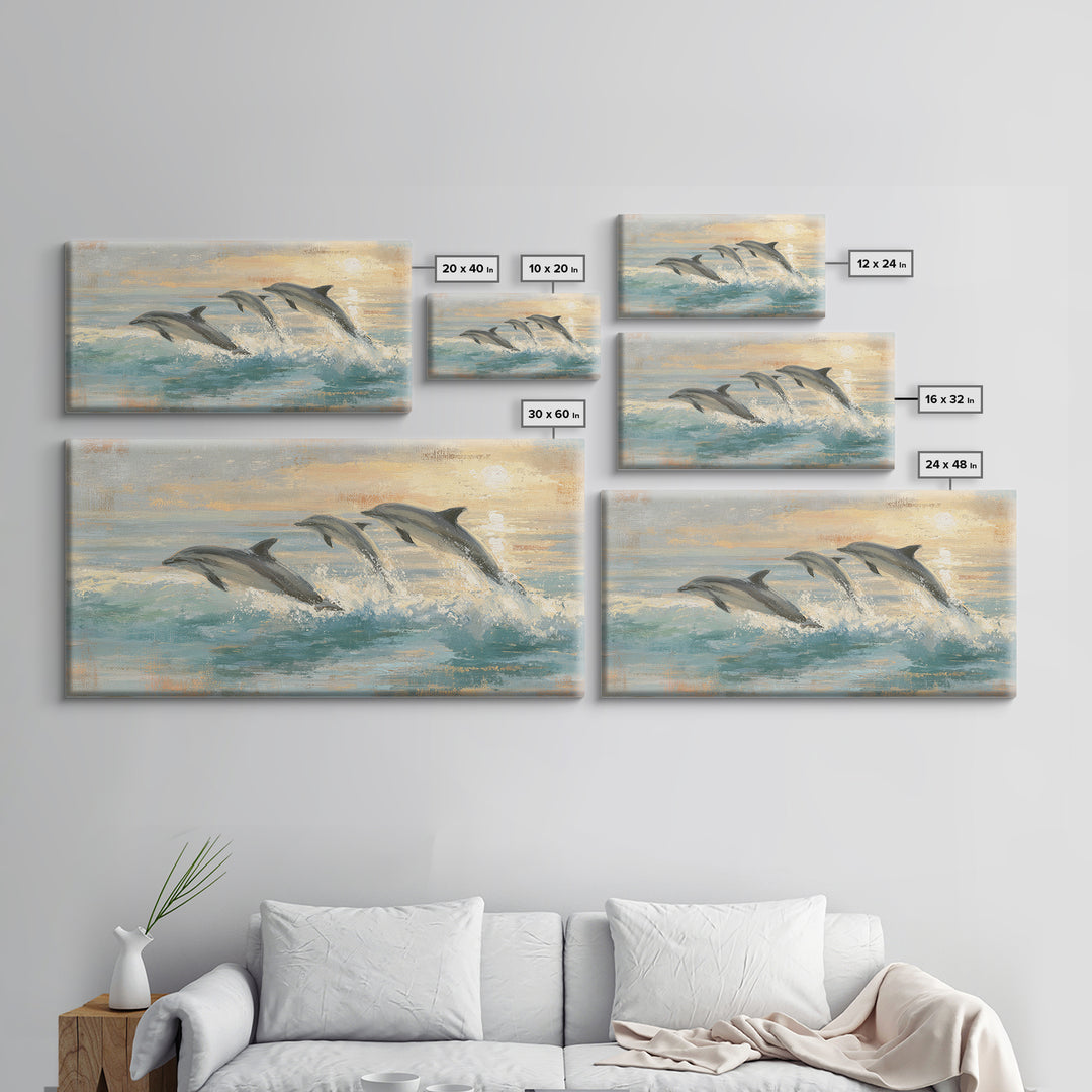 Dolphins Leaping Through Sunlit Waves Framed Canvas Print, Marine Life Art, Coastal Art, Living Room Decor, Fine Art, Marine, MLA-2x1-99