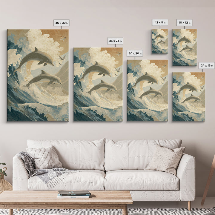 Dolphins Leaping Through Sunlit Waves Canvas Print, Marine Life Art, Surf Poster, Living Room Decor, Fine Art, Marine, MLA-2x3-15
