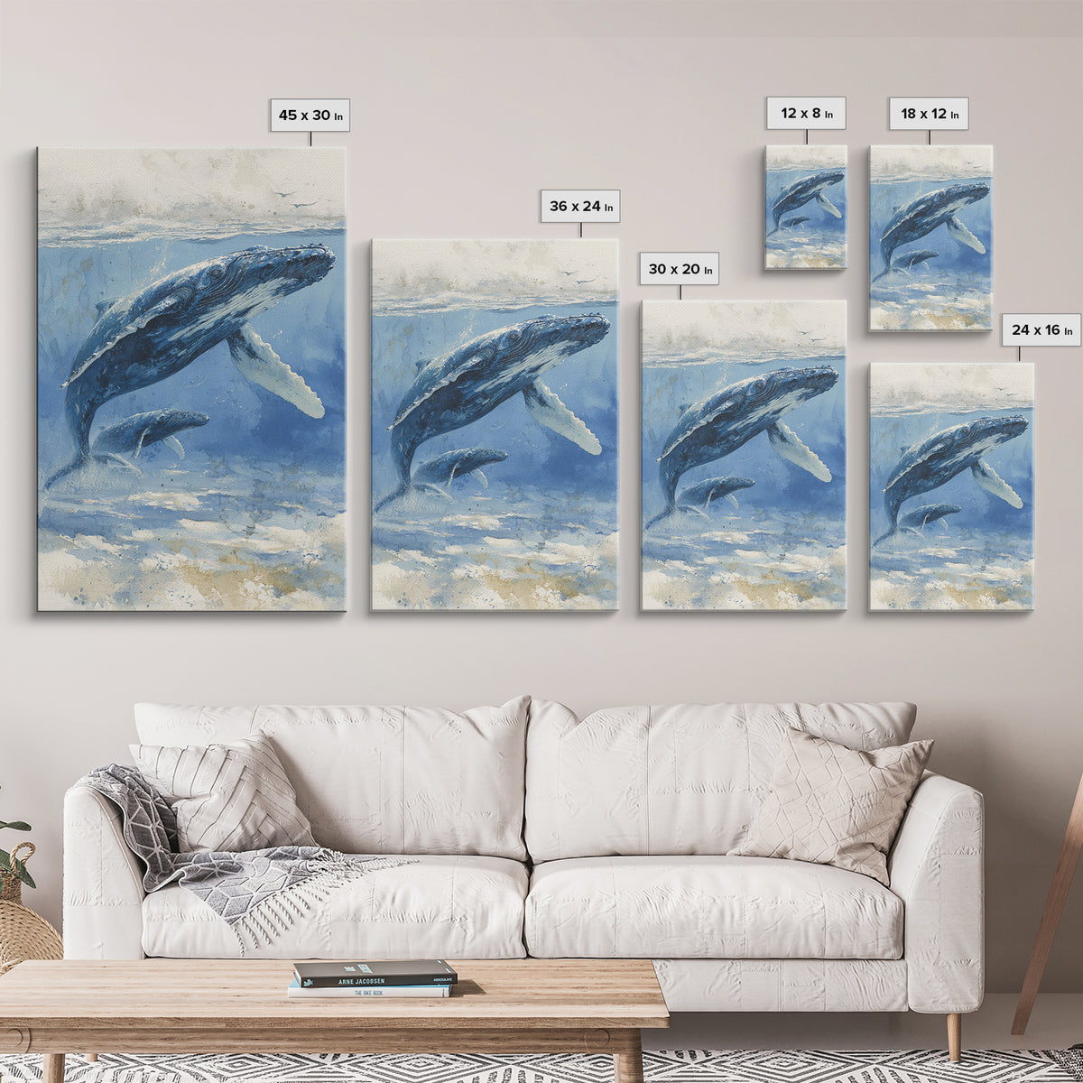 Humpback Whale and Calf Framed Canvas Print, Marine Life Art, Tropical Wall Art, Living Room Decor, Fine Art, Marine, MLA-2x3-26