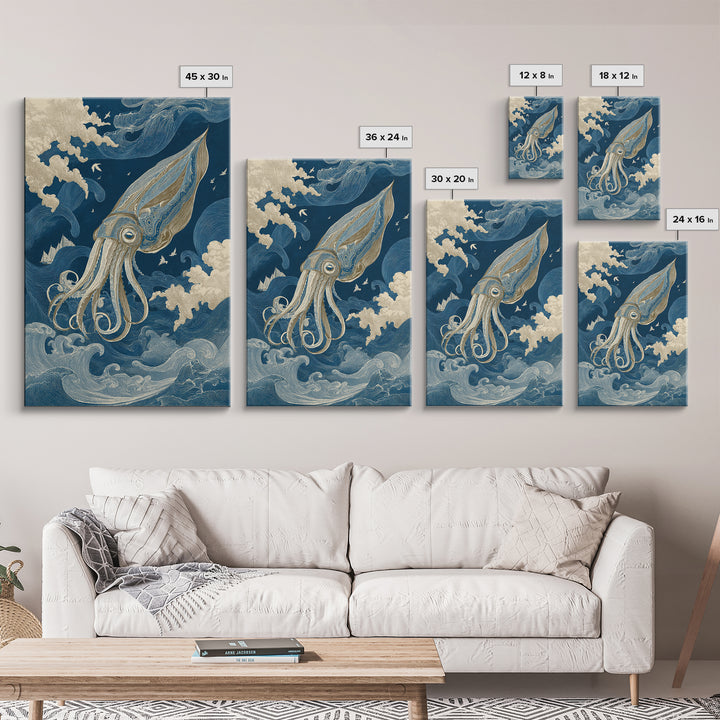 Squid in a Mysterious Midnight Sea Canvas Print, Marine Life Art, Ocean Wall Art, Living Room Decor, Watercolor Art, Marine, MLA-2x3-27