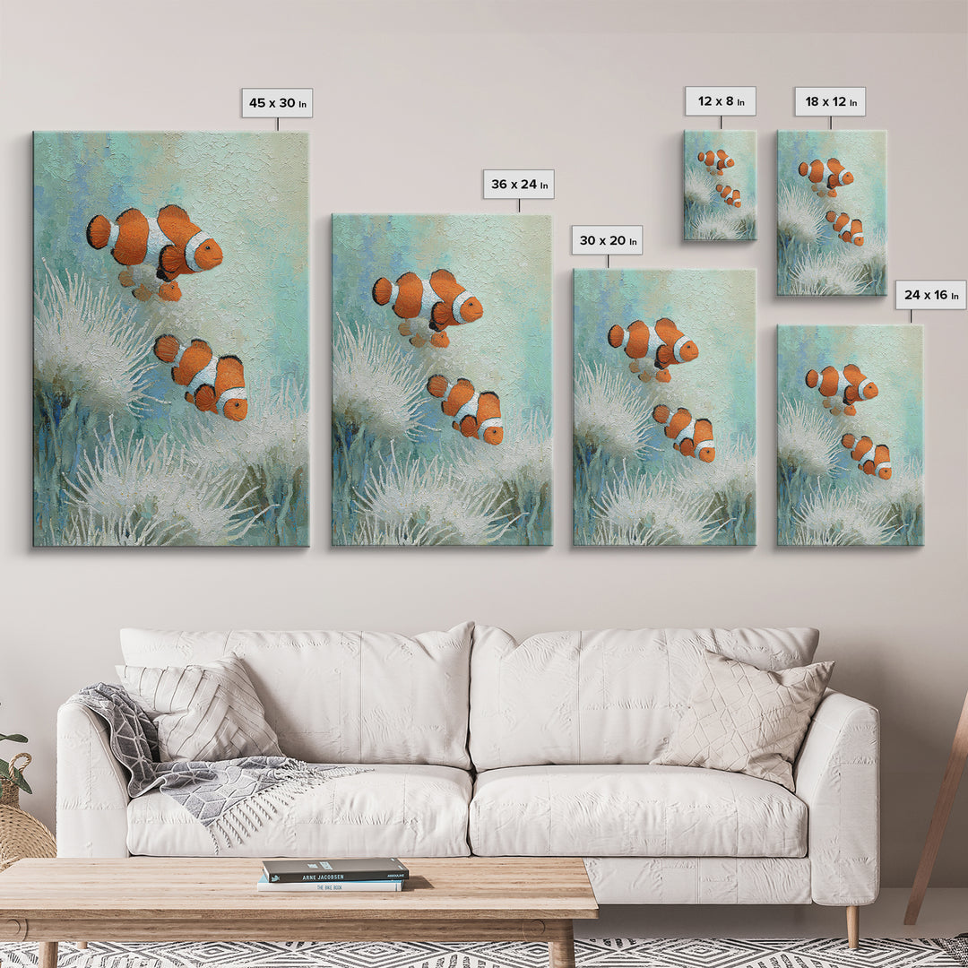 Clownfish Around Anemone Tentacles Framed Canvas Print, Marine Life Art, Textured Painting, Living Room Decor, Fine Art, Marine, MLA-2x3-28