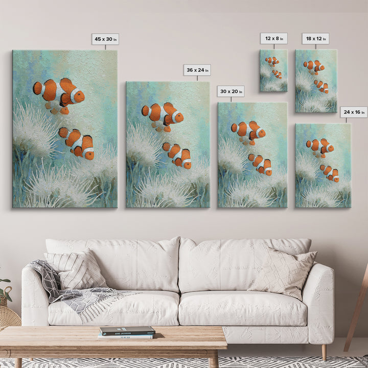 Clownfish Around Anemone Tentacles Framed Canvas Print, Marine Life Art, Textured Painting, Living Room Decor, Fine Art, Marine, MLA-2x3-28