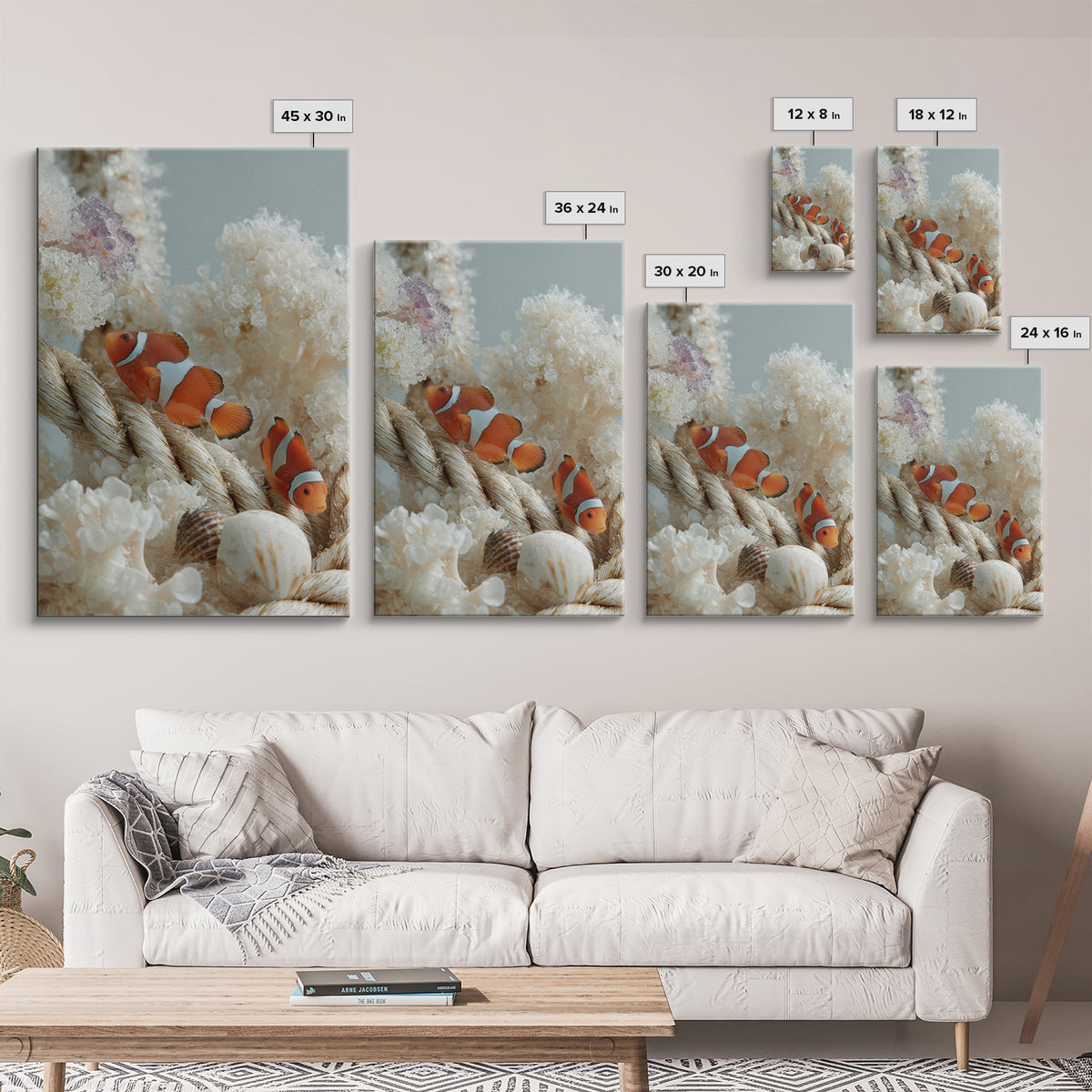Clownfish Around Anemone Tentacles Framed Canvas Print, Marine Life Art, Ocean Prints, Living Room Decor, Fine Art, Marine, MLA-2x3-4