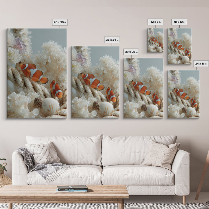 Clownfish Around Anemone Tentacles Framed Canvas Print, Marine Life Art, Ocean Prints, Living Room Decor, Fine Art, Marine, MLA-2x3-4