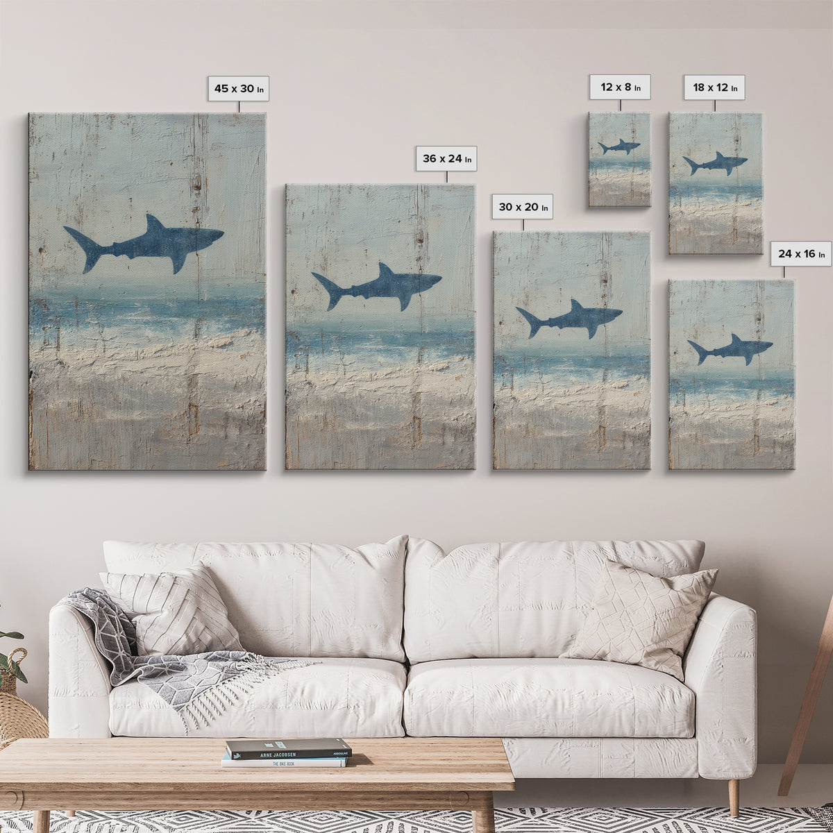 Shark Silhouette in Deep Blue Light Framed Canvas Print, Marine Life Art, Nautical Wall Art, Living Room Decor, Watercolor Art, MLA-2x3-44