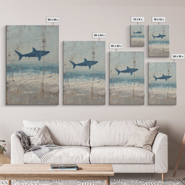 Shark Silhouette in Deep Blue Light Framed Canvas Print, Marine Life Art, Nautical Wall Art, Living Room Decor, Watercolor Art, MLA-2x3-44