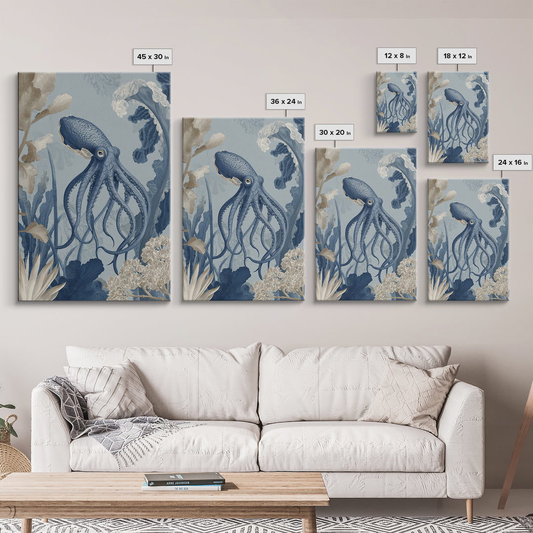 Squid in a Mysterious Midnight Sea Framed Canvas Print, Marine Life Art, Ocean Decor, Living Room Decor, Oil Painting, Marine, MLA-2x3-51