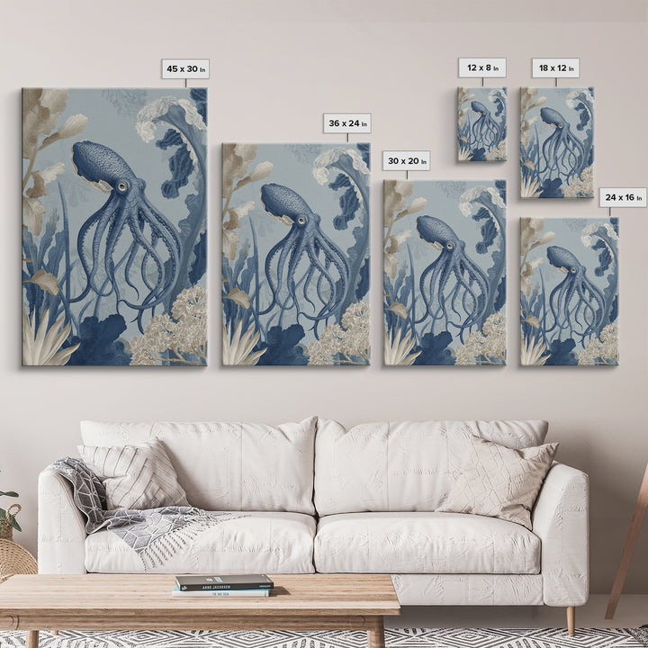 Squid in a Mysterious Midnight Sea Framed Canvas Print, Marine Life Art, Ocean Decor, Living Room Decor, Oil Painting, Marine, MLA-2x3-51