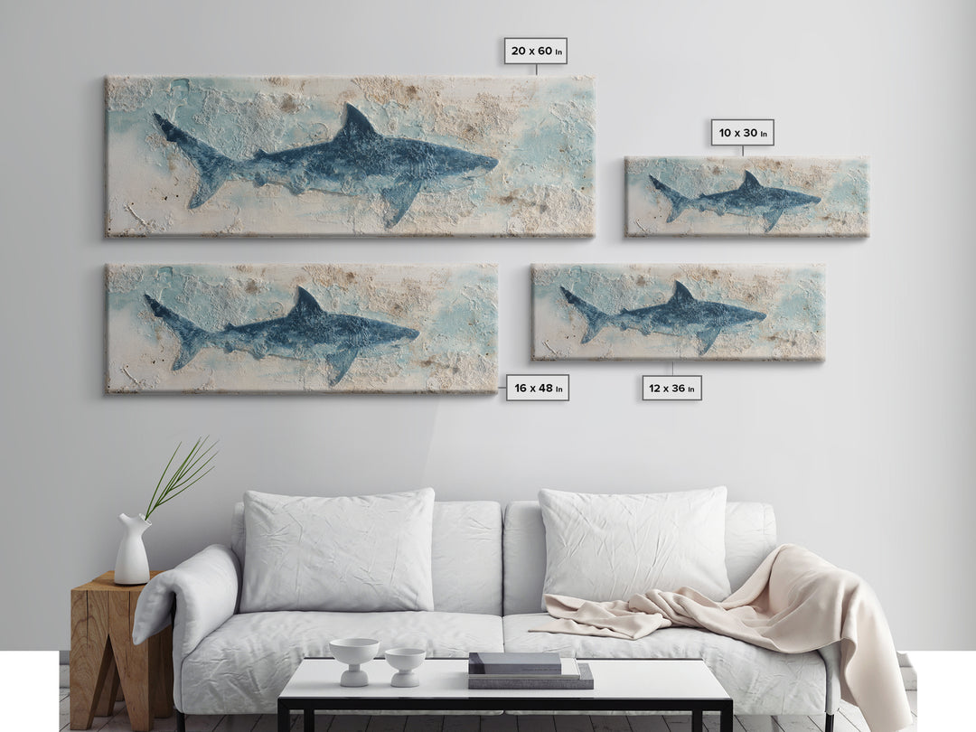 Shark Silhouette in Deep Blue Light Canvas Print, Marine Life Art, Fish Art, Living Room Decor, Abstract Art, Marine, MLA-3x1-100