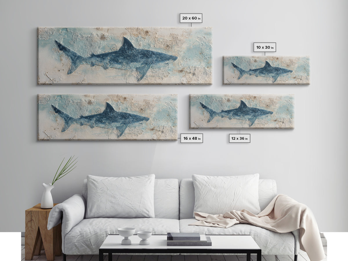 Shark Silhouette in Deep Blue Light Canvas Print, Marine Life Art, Fish Art, Living Room Decor, Abstract Art, Marine, MLA-3x1-100