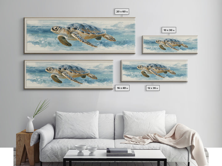 Sea Turtle Gliding Through Clear Blue Water Framed Canvas Print, Marine Life Art, Watercolor Art, Living Room Decor, Marine, MLA-3x1-17