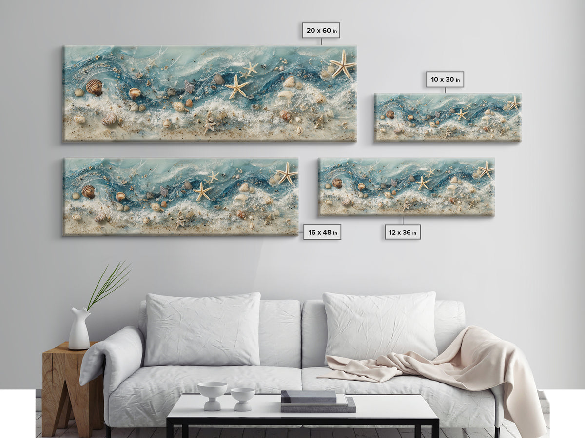 Starfish and Shells Natural Specimen Layout Framed Canvas Print, Marine Life Art, Coastal Art, Living Room Decor, Marine, MLA-3x1-53