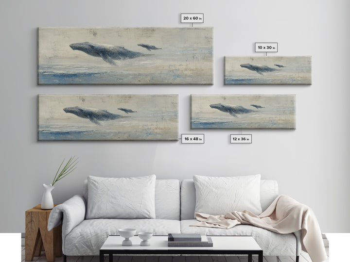 Humpback Whale and Calf Framed Canvas Print, Marine Life Art, Coastal Wall Art, Living Room Decor, Oil Painting, Marine, MLA-3x1-82