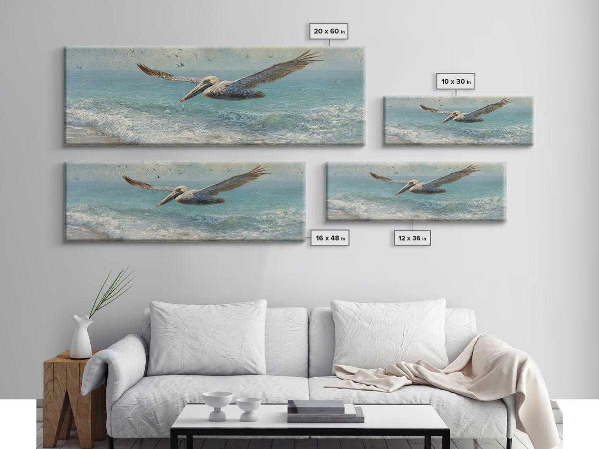 Pelican Diving Toward Fish Near Surface Framed Canvas Print, Marine Life Art, Contemporary Art, Living Room Decor, Marine, MLA-3x1-87