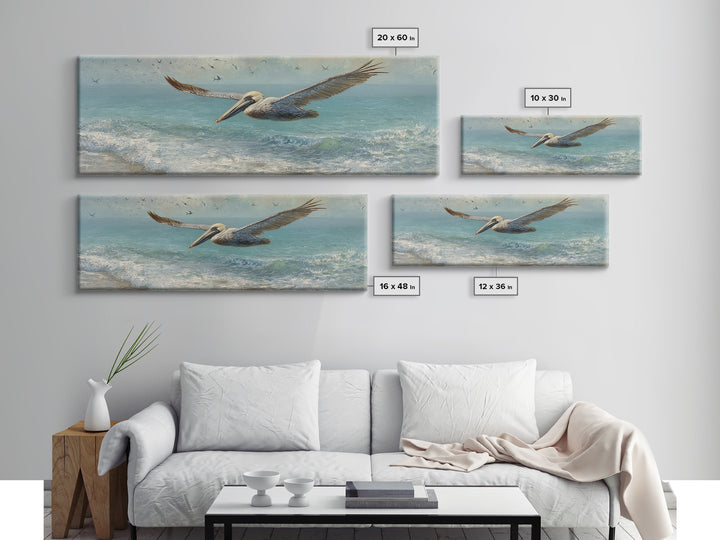 Pelican Diving Toward Fish Near Surface Framed Canvas Print, Marine Life Art, Contemporary Art, Living Room Decor, Marine, MLA-3x1-87