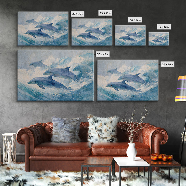 Dolphins Leaping Through Sunlit Waves Canvas Print, Marine Life Art, Minimalist Decor, Living Room Decor, Fine Art, Marine, MLA-3x2-11