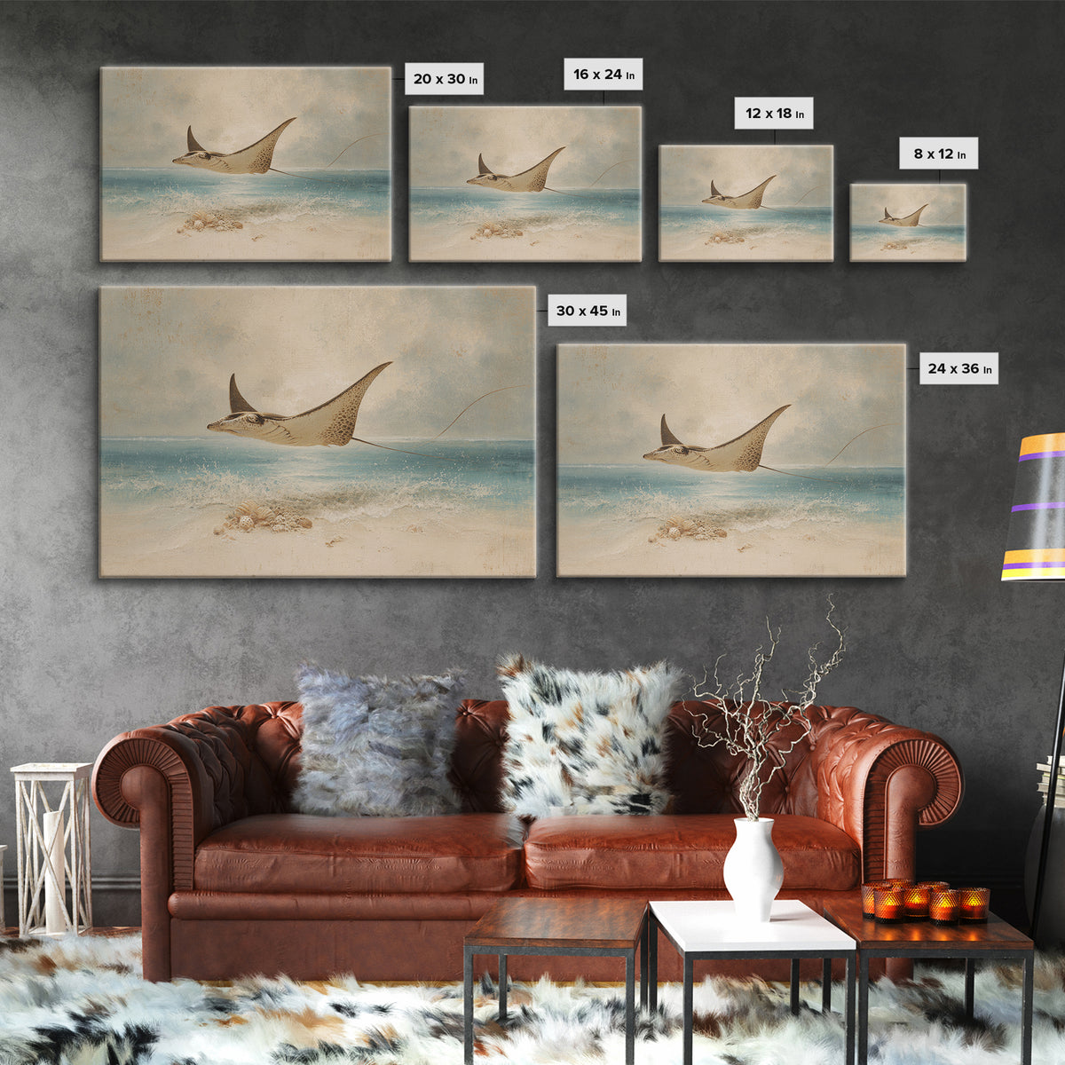 Manta Ray Flying Through Underwater Light Framed Canvas Print, Marine Life Art, Textured Painting, Living Room Decor, Marine, MLA-3x2-18