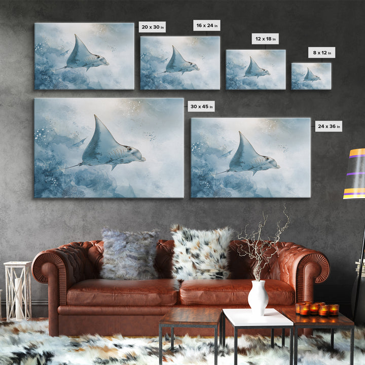Manta Ray Flying Through Underwater Light Canvas Print, Marine Life Art, Nautical Decor, Living Room Decor, Fine Art, Marine, MLA-3x2-42