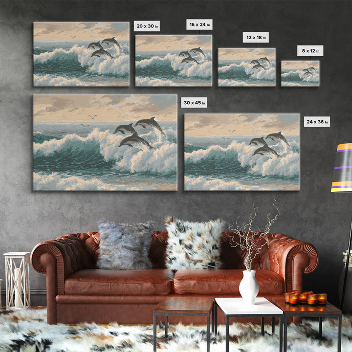 Dolphins Leaping Through Sunlit Waves Framed Canvas Print, Marine Life Art, Original Artwork, Living Room Decor, Oil Painting, MLA-3x2-59
