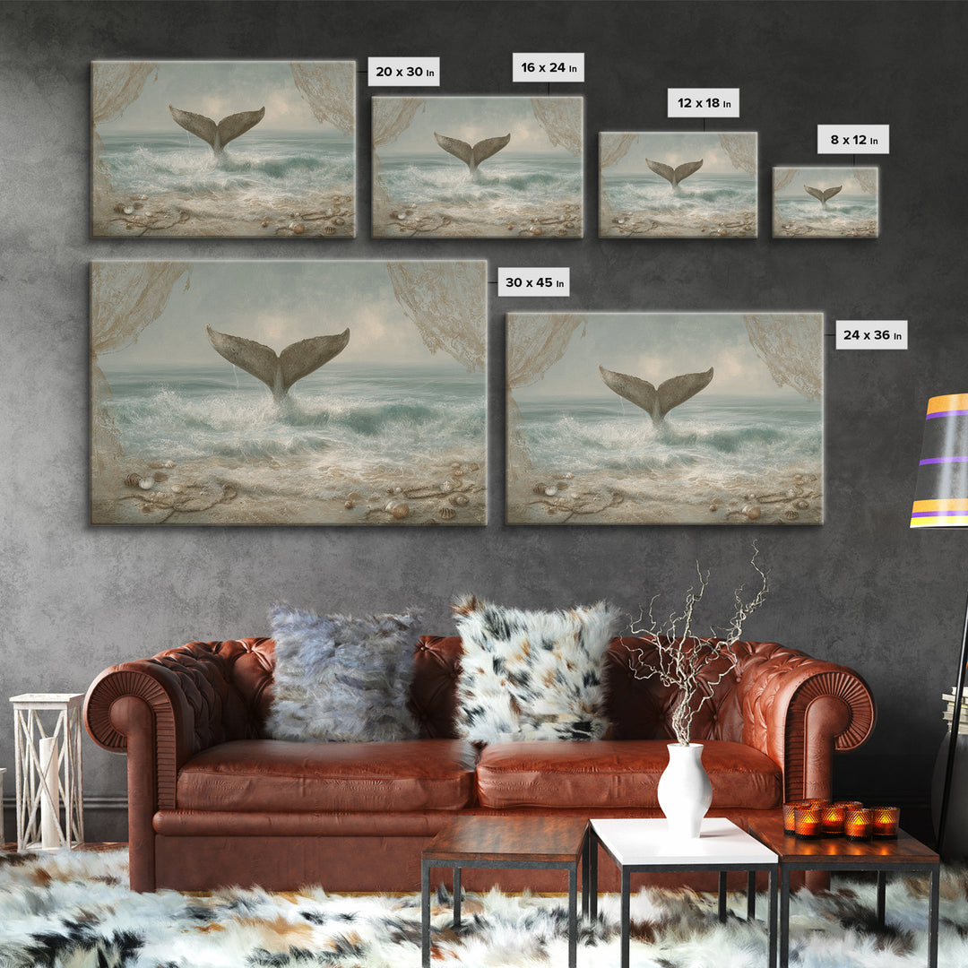 Whale Tail Rising from Misty Ocean Framed Canvas Print, Marine Life Art, Contemporary Art, Living Room Decor, Fine Art, Marine, MLA-3x2-6