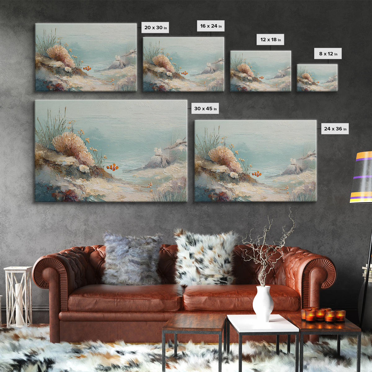 Clownfish Around Anemone Tentacles Canvas Print, Marine Life Art, Beach House Decor, Living Room Decor, Fine Art, Marine, MLA-3x2-72