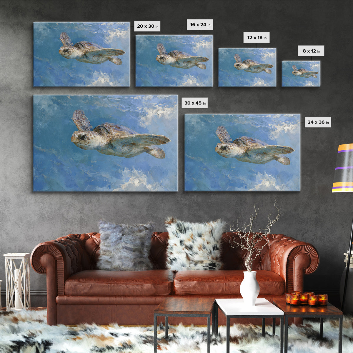 Sea Turtle Gliding Through Clear Blue Water Framed Canvas Print, Marine Life Art, Original Artwork, Living Room Decor, Marine, MLA-3x2-77