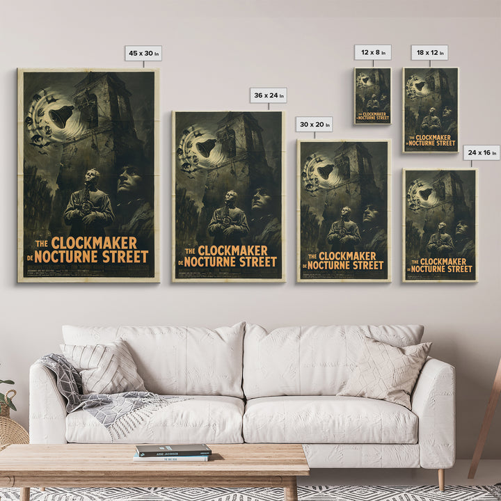 The Clockmaker Of Nocturne Street, French Horror Film Poster, Retro Gothic Cinema Art, Vintage Halloween Wall Art, Framed Canvas Print