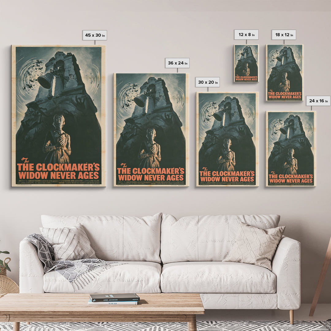 The Clockmaker's Widow Never Ages, French Horror Film Poster, Retro Gothic Cinema Art, Vintage Halloween Wall Art, Framed Canvas Print