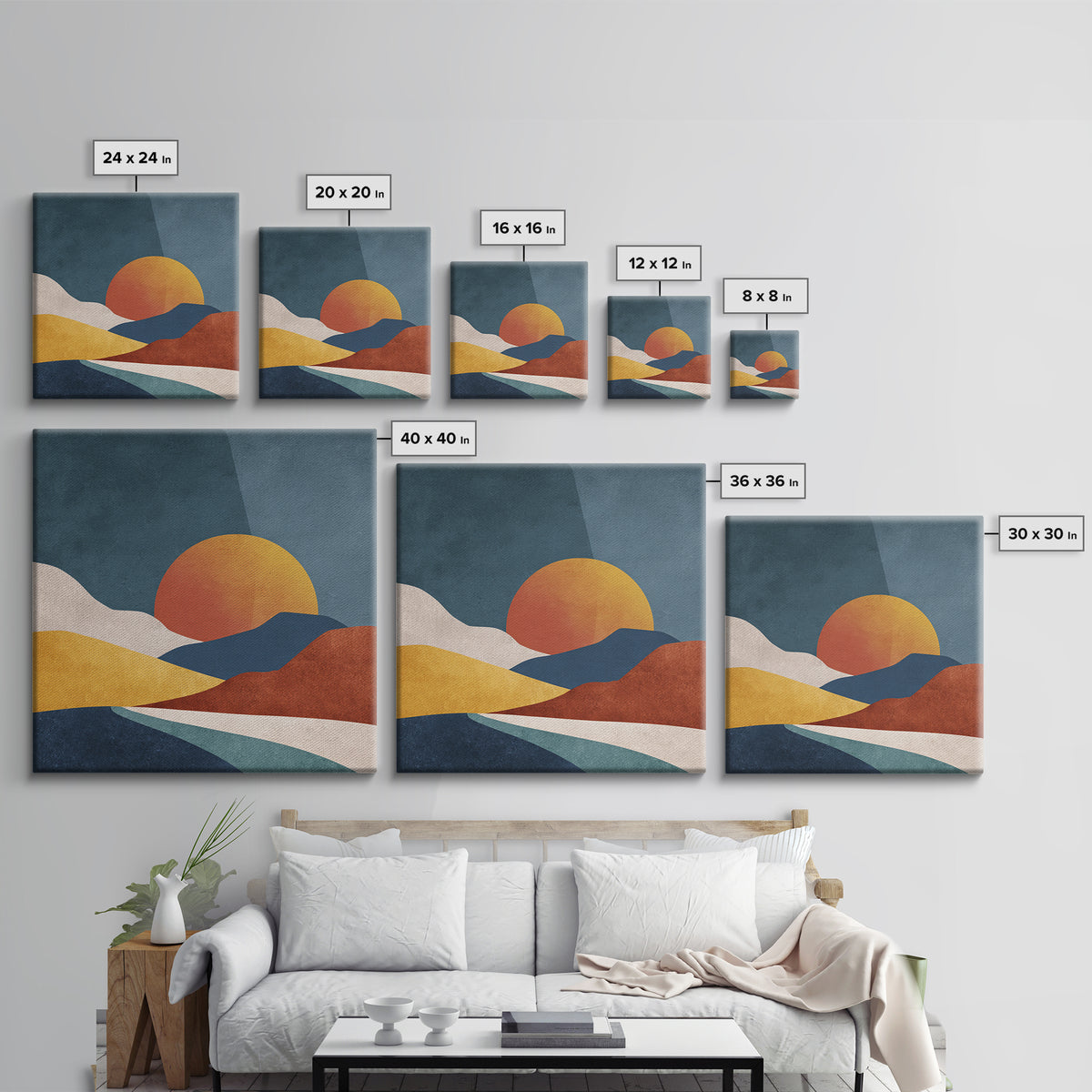 Large Sun and Hill Shapes Framed Canvas Print, Midcentury Modern Art, Textured Painting, Living Room Decor, Abstract Art, Retro, MMA-1x1-29