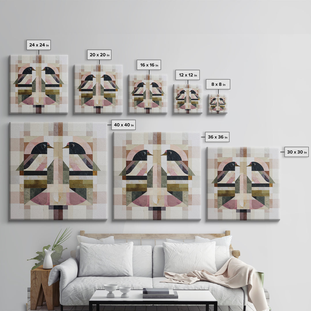 Bird Motif with Playful Geometric Feathers Canvas Print, Midcentury Modern Art, Digital Art, Living Room Decor, Abstract Art, MMA-1x1-36