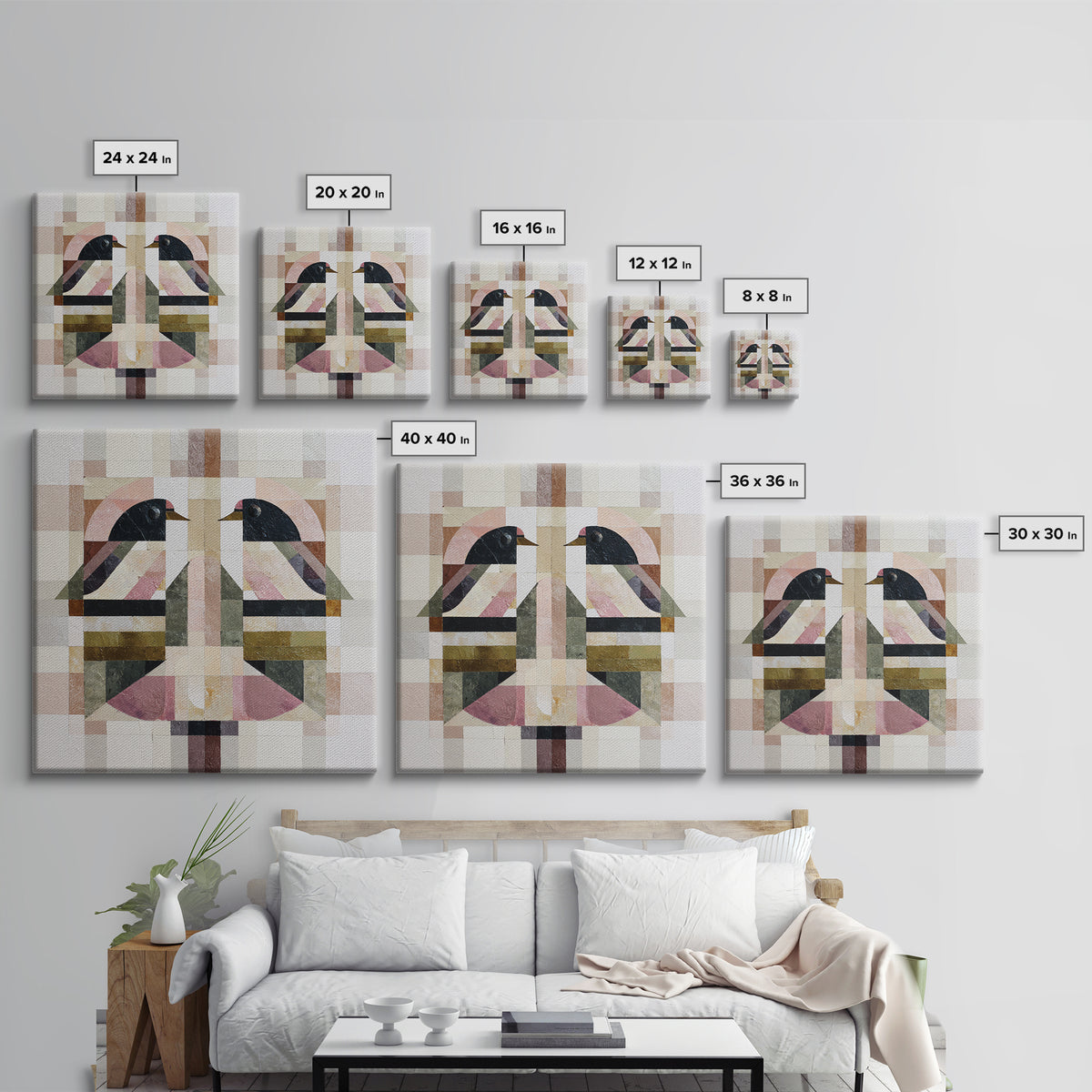 Bird Motif with Playful Geometric Feathers Canvas Print, Midcentury Modern Art, Digital Art, Living Room Decor, Abstract Art, MMA-1x1-36