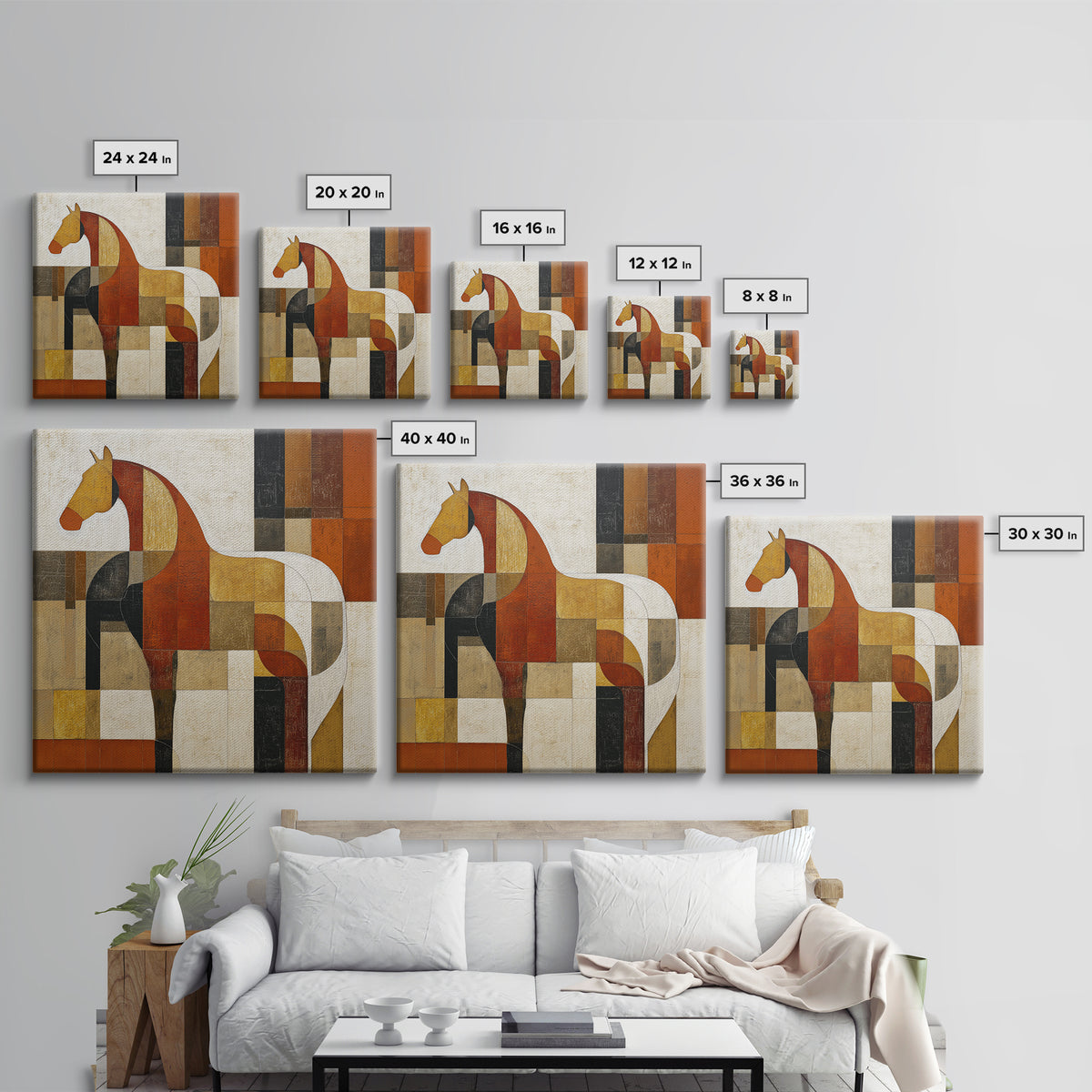 Mid Century Horse Framed Canvas Print, Midcentury Modern Art, Oversized Wall Art, Living Room Decor, Oil Painting, Retro, MMA-1x1-43