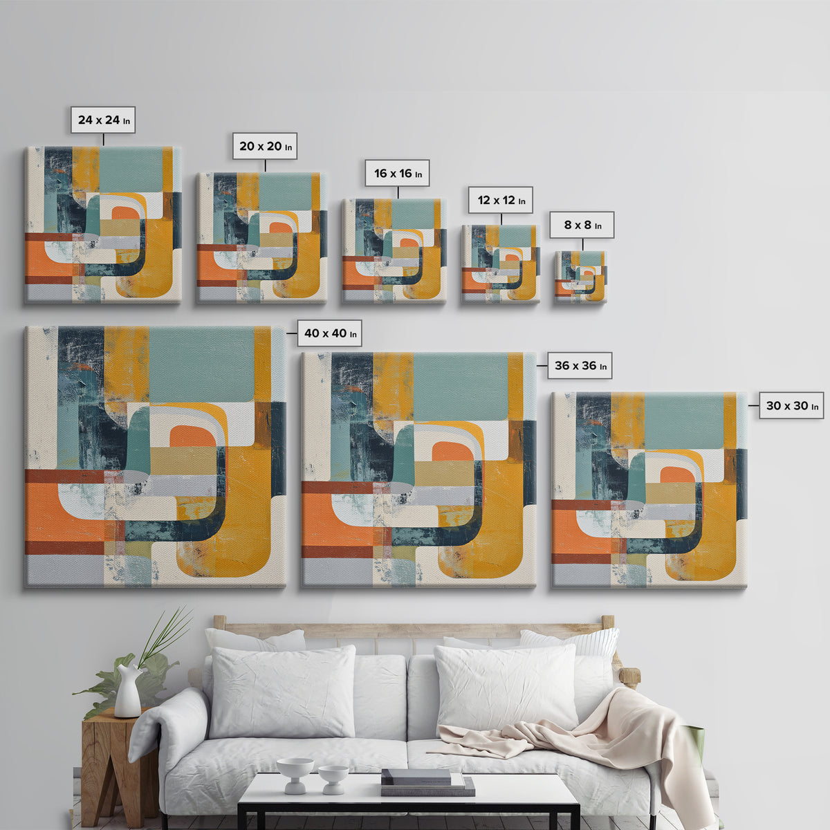 Boomerang Shapes in Mustard Teal and Coral Canvas Print, Midcentury Modern Art, Home Decor, Living Room Decor, Retro, MMA-1x1-73