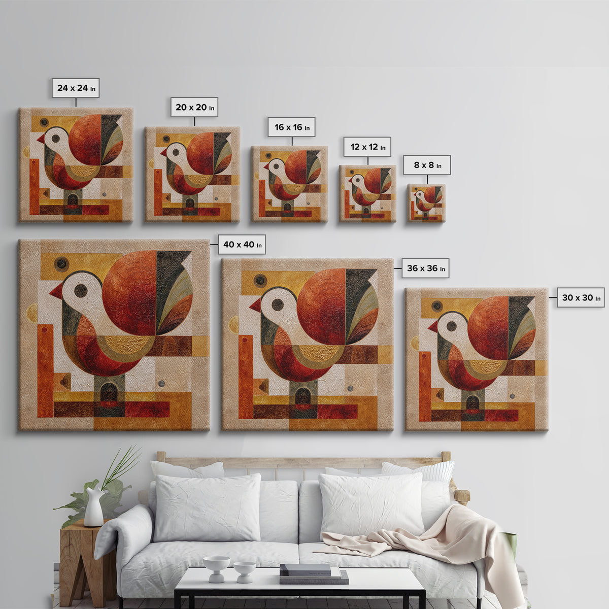 Bird Motif with Playful Geometric Feathers Canvas Print, Midcentury Modern Art, Retro Wall Art, Living Room Decor, Retro, MMA-1x1-84